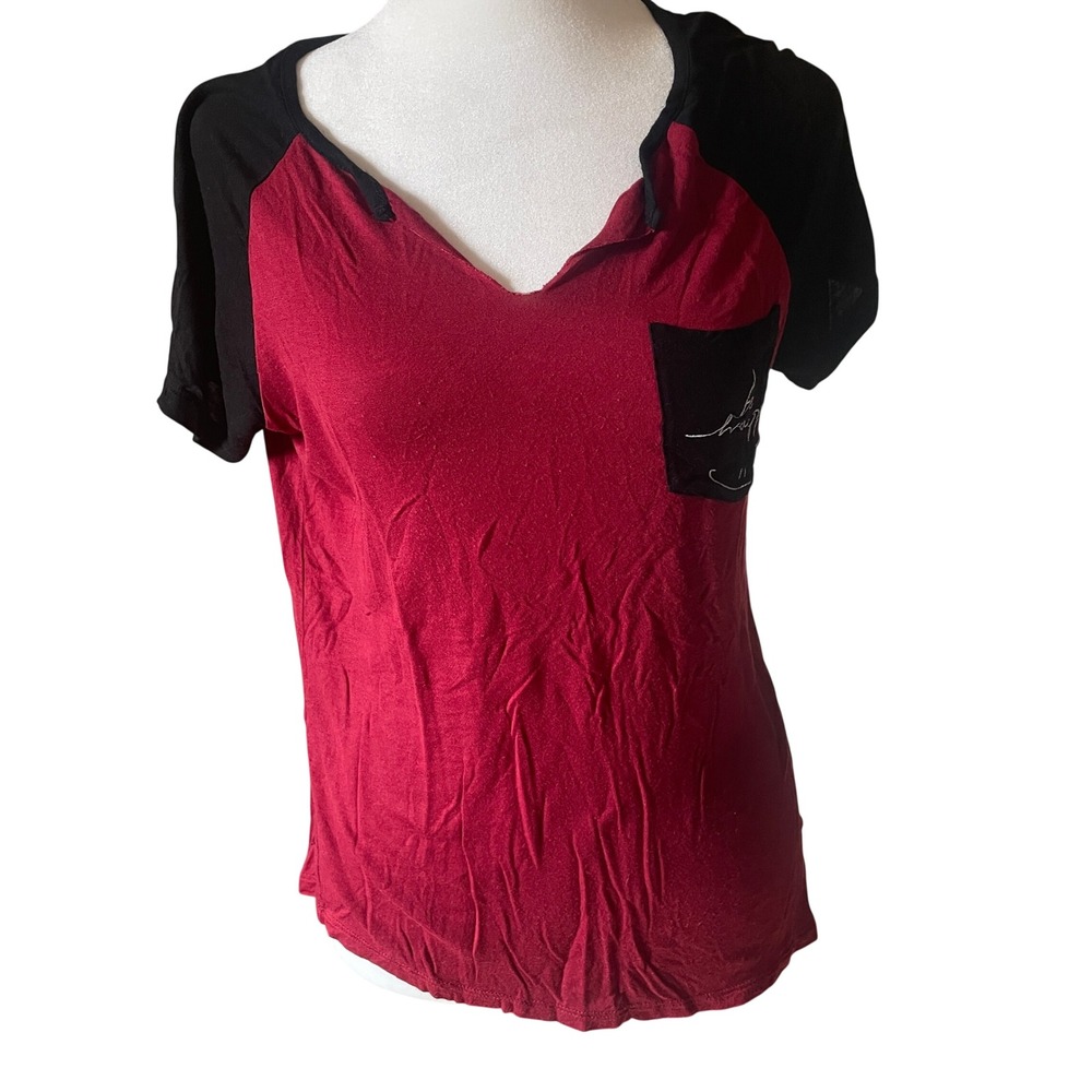 Popular Basics Womens Y2K‎ Graphic Raglan Pocket Baby Tee S Red Black Be Happy